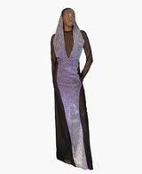 Hand finished crystal backless hooded sheer side panel gown