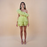 Elara ruffled tulle off the shoulder dress