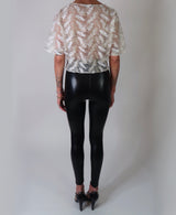 3D Faux Feather Sheer Tulle Top with Vintage Gold Embroidery