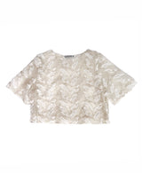 3D Faux Feather Sheer Tulle Top with Vintage Gold Embroidery