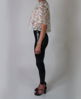 3D Faux Feather Sheer Tulle Top with Vintage Gold Embroidery