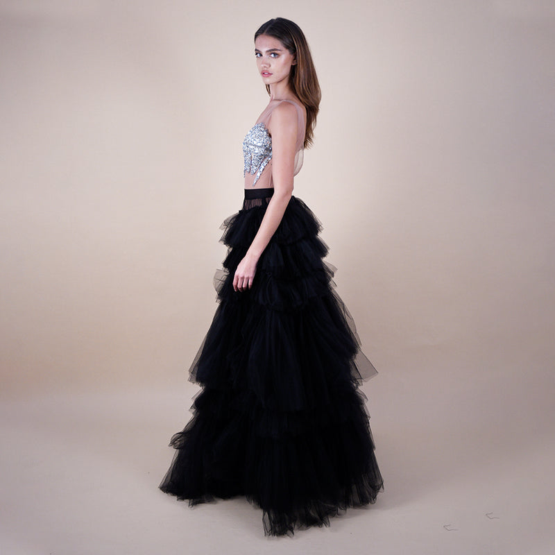 Styled with bodysuit tulle maxi ruffles narces tulle skirt