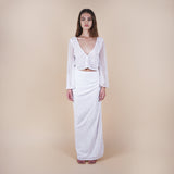 Giselle Off-White Sequin Maxi Long Skirt. Perfect for a boho look, nights out, weddings, brides, white parties and spring transitions. Handcrafted with intricate sequin embellishments, this skirt adds glamour to any occasion. Indulge midi skirts, high waisted skirt, skirt with a slit, long skirt. Again shown with the odessa top
