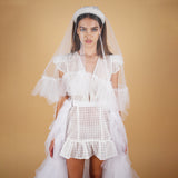 Indira Ruffled Bridal Veil with Blusher | Luxurious Ruffle Wedding Veil front  detail