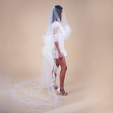 Indira Ruffled Bridal Veil with Blusher | Luxurious Ruffle Wedding Veil full side view