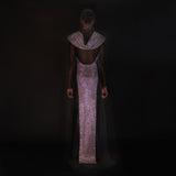 Hand finished crystal backless hooded sheer side panel gown