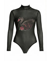 NARCES limited edition black sheer tattoo bodysuit featuring Sailor Jerry–inspired swan artwork, long sleeves and high neckline