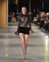 Faux fur narces mini skirt runway shot