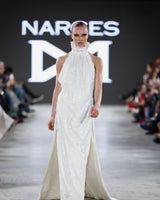 Cosmia Draped Sequin Gown in offwhite by NARCES