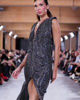 midnight crystal midi dress runway shot narces model on the runway