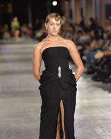 Urbino Corset Draped Crystal Gown in black by NARCES