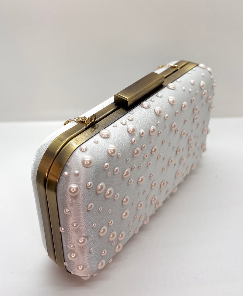 Pearl Studded Offwhite Satin CLUTCH