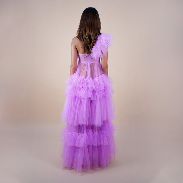 back of tulle one shoulder gown 