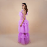 right side ruffled tulle gown