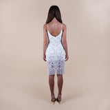 Elevate your fashion game with our Hand-Beaded Sheer Bead Fringe Hem Off-White Midi Dress. Perfect for cocktail parties, weddings, and white-themed events, this luxurious piece exudes sophistication. Intricate hand-beading and a captivating fringe hem ensure you make a statement at every occasion. Back view of the fringe dress.