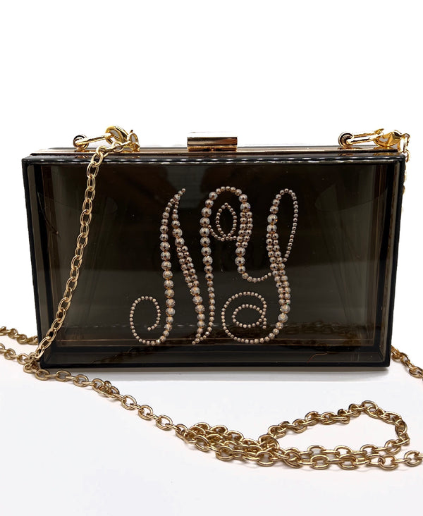 CUSTOMIZABLE CRYSTAL INITIAL LUCITE CLUTCH