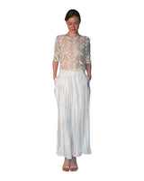 3D Faux Feather Sheer Tulle Top with Vintage Gold Embroidery