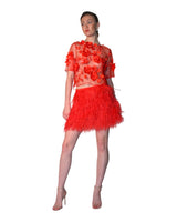 Hin Red 3D Floral Sheer Tulle Top