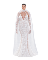SEDONA II plunging lace wedding dress with bridal cape by NARCES