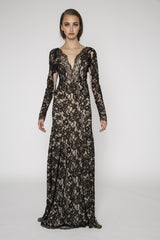 Black lace embellished long sleeve gown
