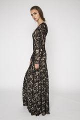 Black lace embellished long sleeve gown