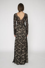 Black lace embellished long sleeve gown