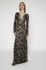 Black lace embellished long sleeve gown