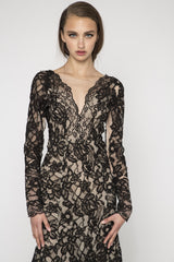 Black lace embellished long sleeve gown
