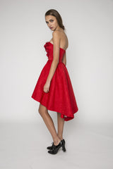 Red floral embellished strapless high low dress