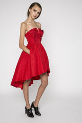 Red floral embellished strapless high low dress