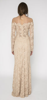 Embellished Champagne lace off shoulder gown
