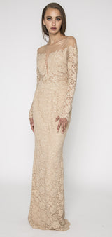 Embellished Champagne lace off shoulder gown