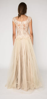 Embellished deep V lace bodice gown