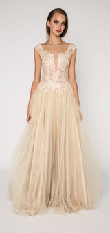 Embellished deep V lace bodice gown