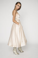 Strapless silk satin midi dress