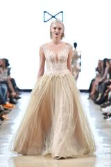 Embellished deep V lace bodice gown