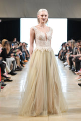 Embellished deep V lace bodice gown