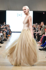 Embellished deep V lace bodice gown