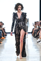 Black and silver sequin high slit gown