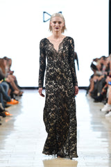 Black lace embellished long sleeve gown