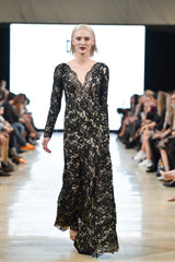 Black lace embellished long sleeve gown