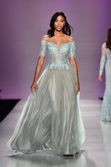 Off shoulder lace embellished gown