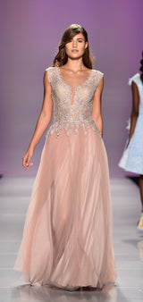 Embellished deep V lace bodice gown