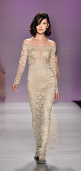 Embellished Champagne lace off shoulder gown