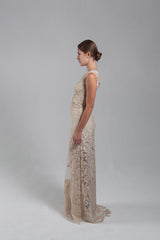 Gold lace sheer high low gown