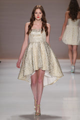 Gold floral strapless high low dress