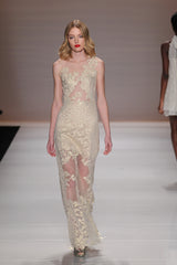 Gold lace sheer high low gown