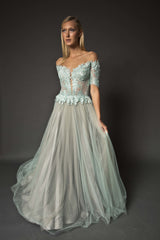 Off shoulder lace embellished gown