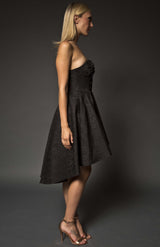 Black floral embellished strapless high low dress