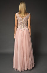 Embellished deep V lace bodice gown